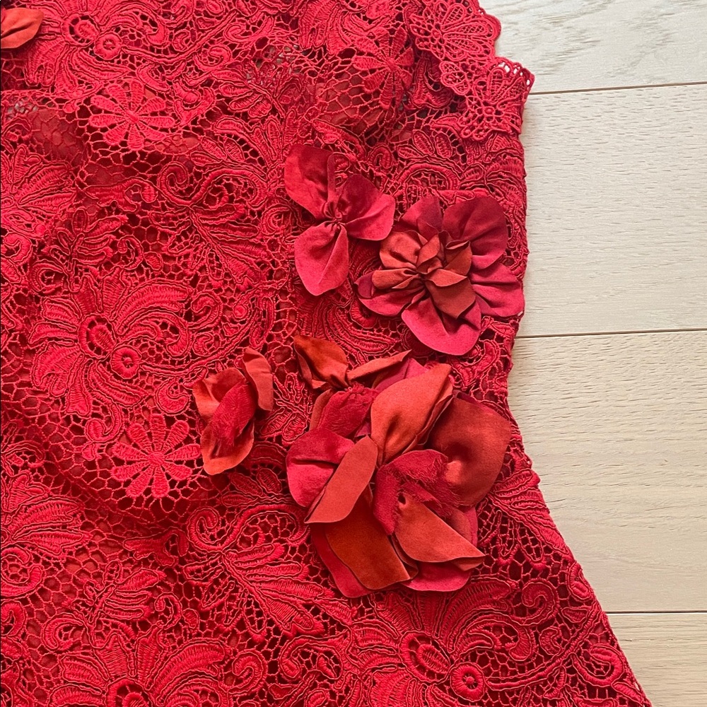 Sleeveless Red Lace Mini Dress with Floral 3D Accents - Picture 2 of 4